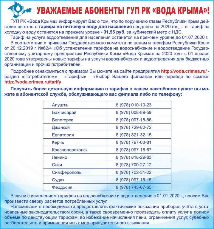 Тарифы на воду  в 2020 году в симферополе и крымской области